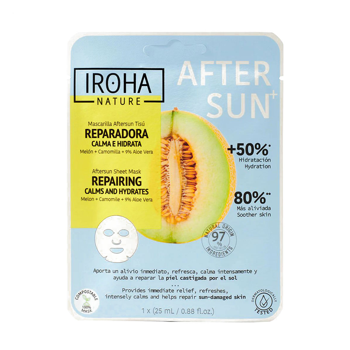 Заспокійлива тканинна маска для обличчя Iroha Nature Repairing Calms And Hydrates Melon After Sun після засмаги, 25 мл